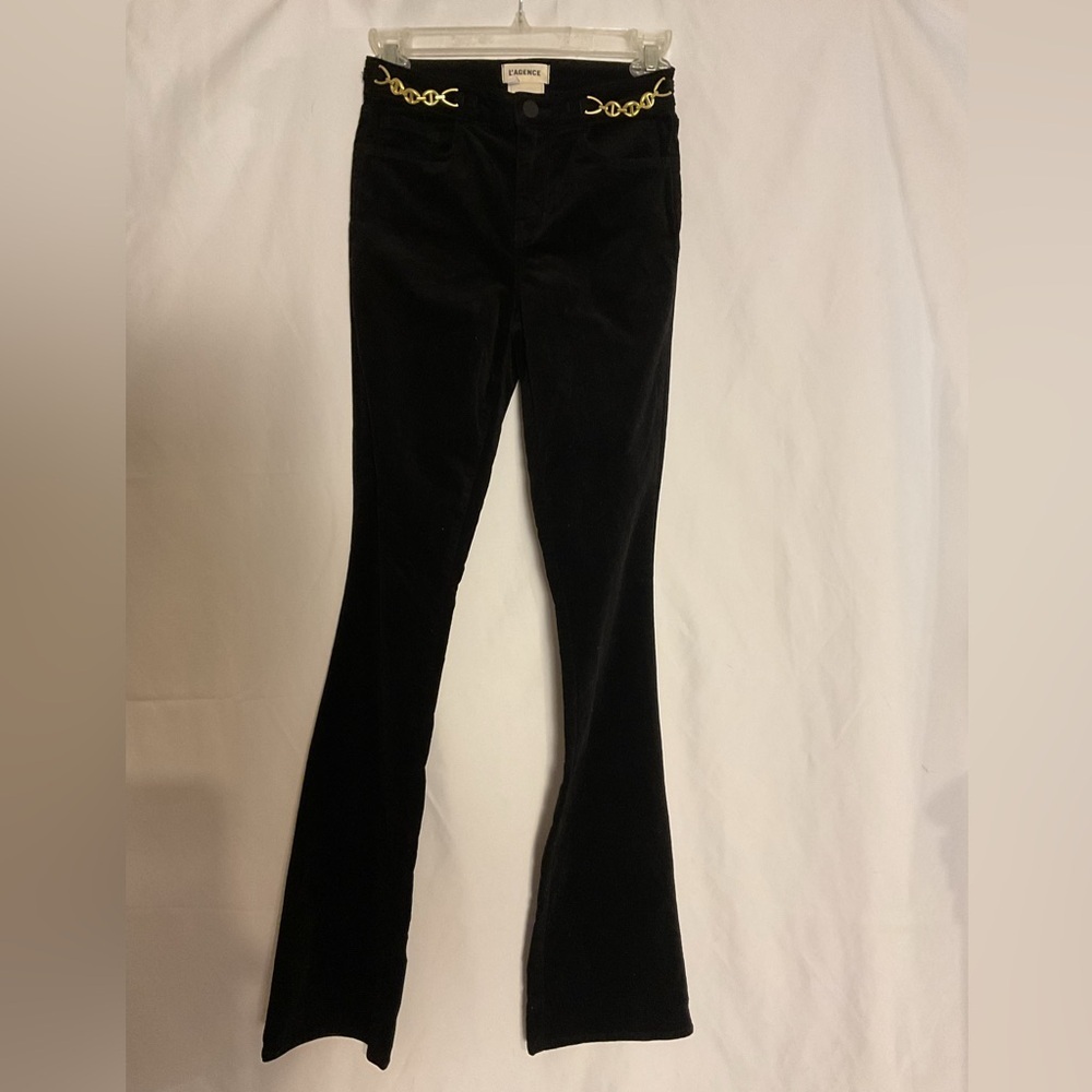 L'AGENCE Stevie black velvet jeans w/gold tone chain accents size 23